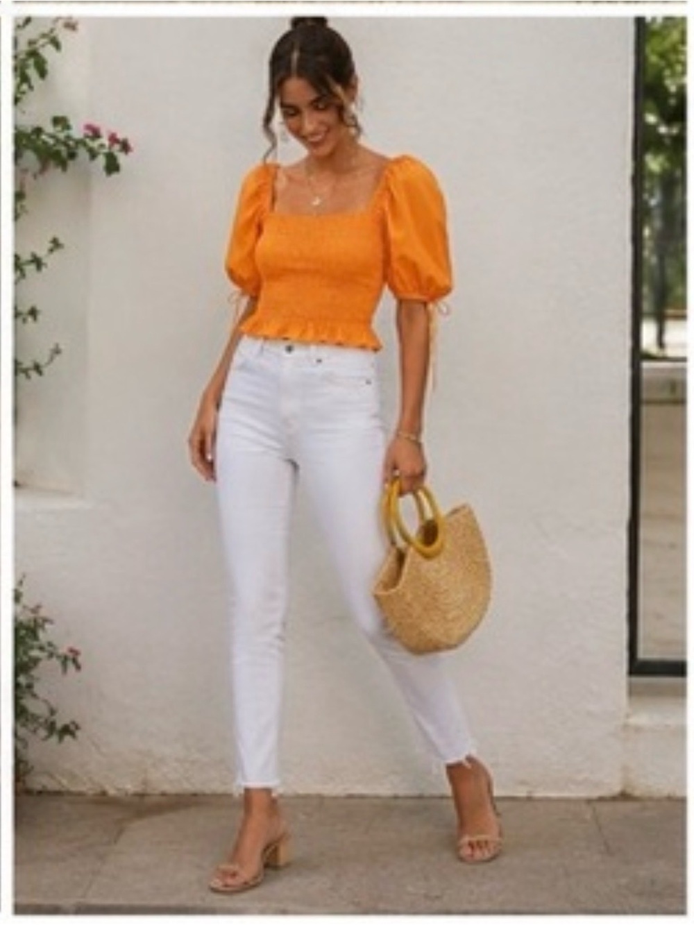 Line & Dot Orange Puff Sleeve Smocked Top Ren Fair Renaissance Milkmaid Vibe NWT